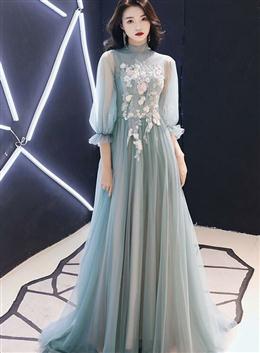 Picture of Lovely Light Green Long Sleeves Tulle Prom Dresses, Floor Length A-line Flowers Formal Dresses